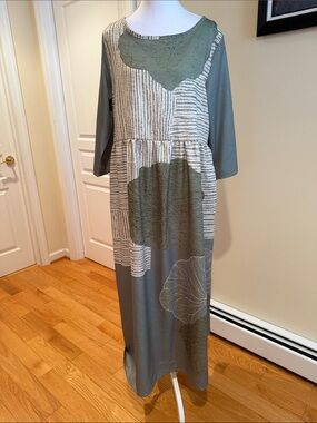 Women’s Olive Green Patterned Maxi  3/4 Sleeve dress